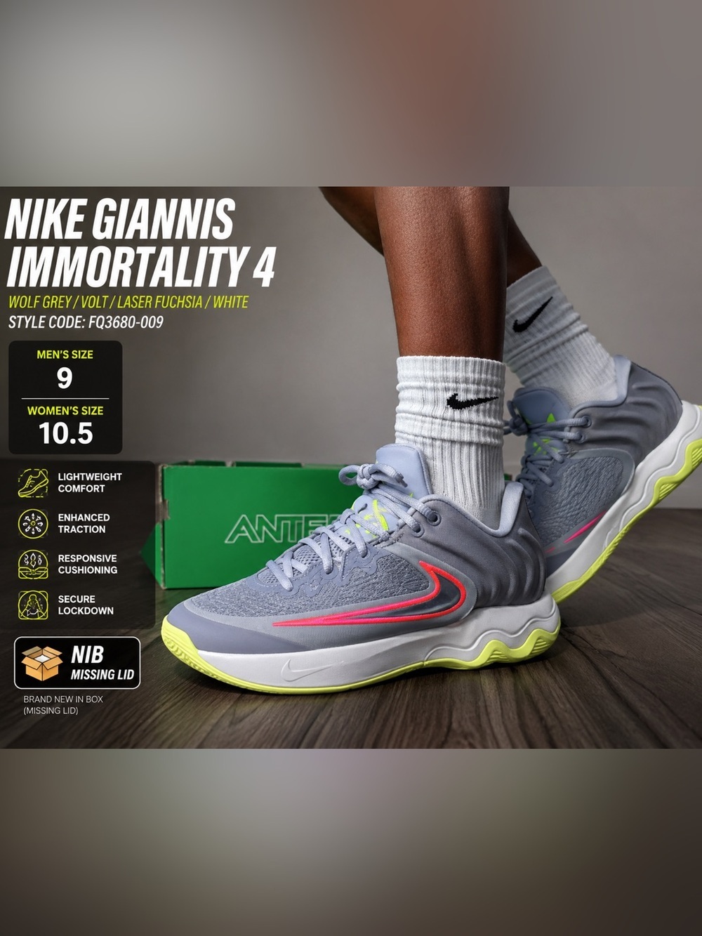 Giannis Immortality 4 Men Size 9 Women 10.5 Wolf Grey FQ3680-009 NIB
Missing Lid